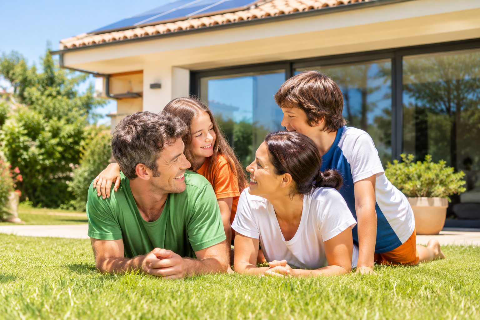 Famille devant une maison rénovée énergétiquement