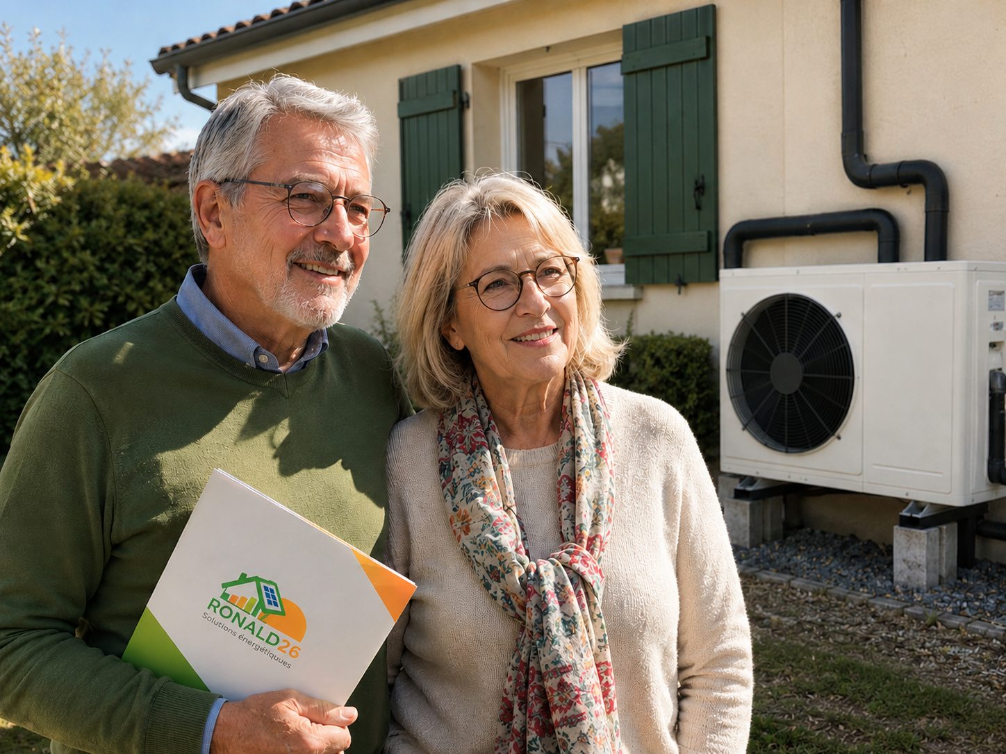 Couple accompagne par Ronald26 devant leur maison et une pompe a chaleur