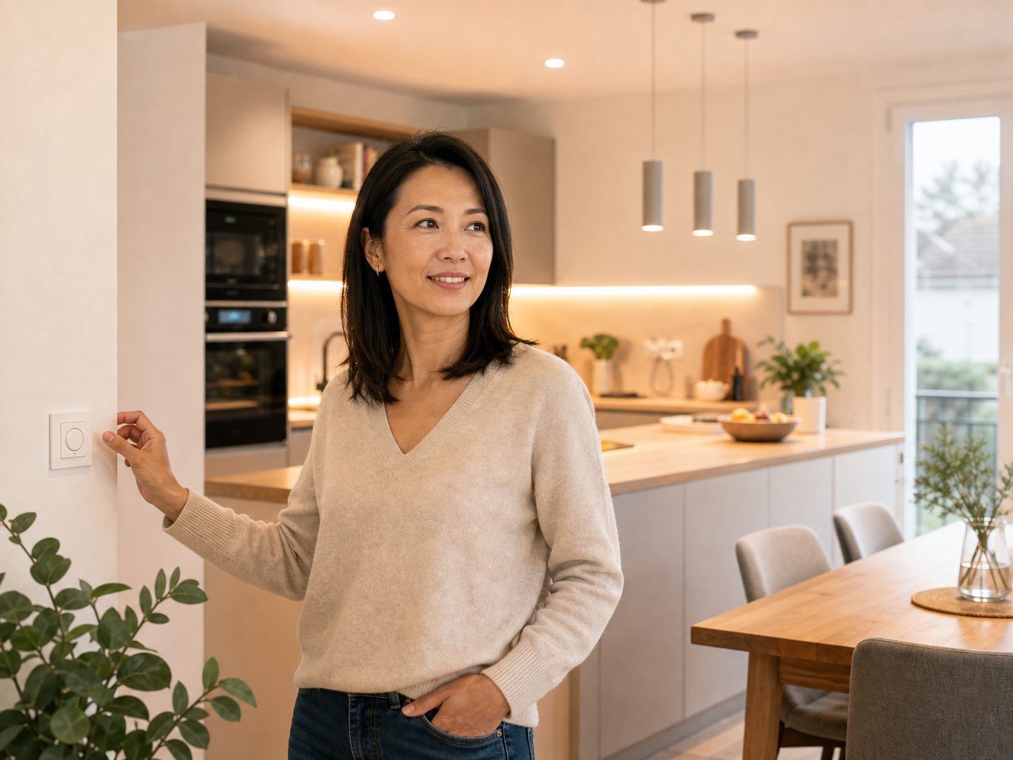 Cliente dans une cuisine renovee avec eclairage LED performant