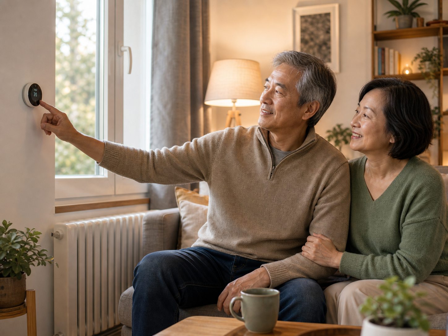 Couple dans un salon renove avec thermostat intelligent
