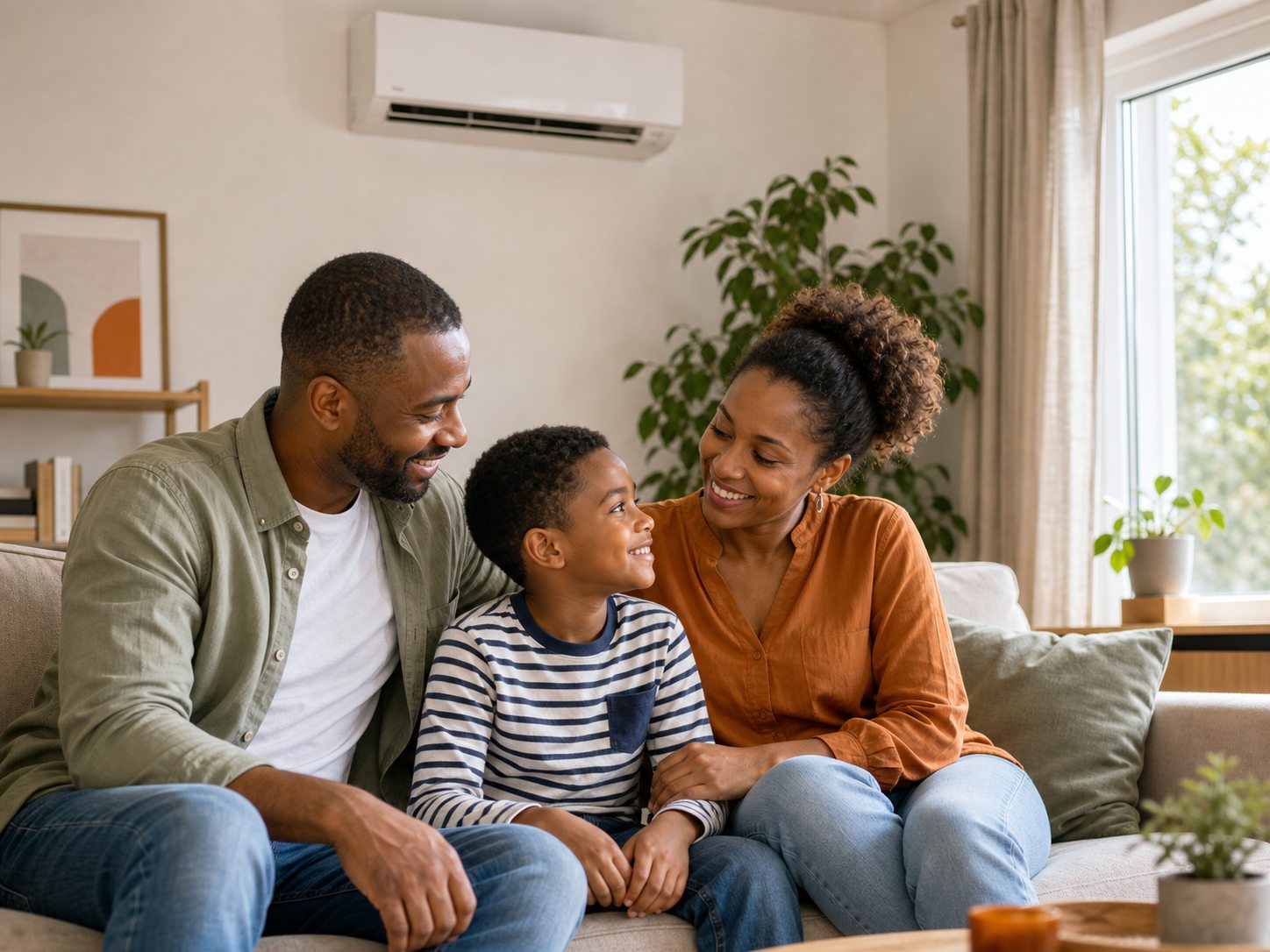 Famille dans un salon renove avec climatisation reversible
